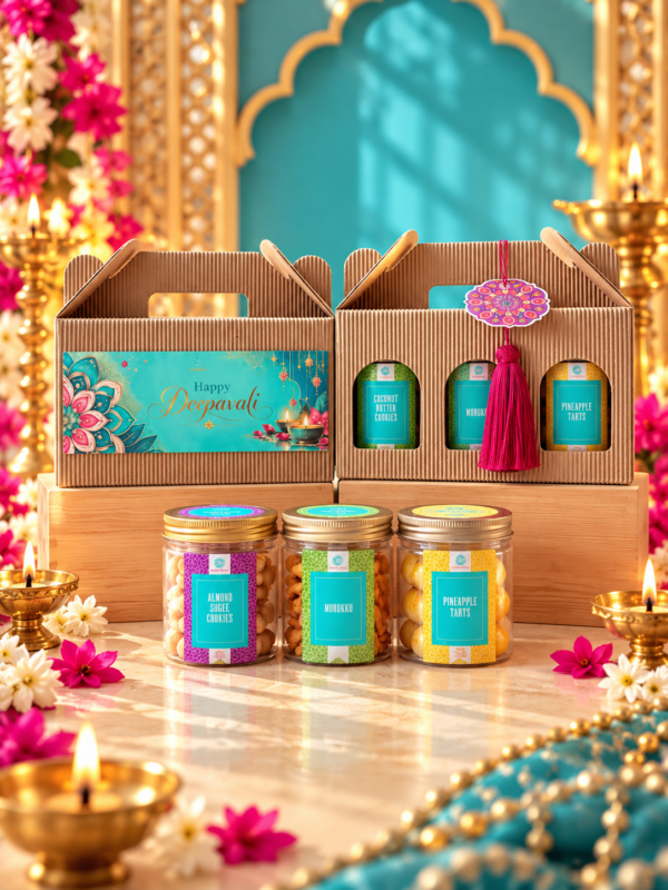 Radiant Joy Deepavali cookie gift set by Sweet Palate featuring three festive cookie jars in a kraft gift box