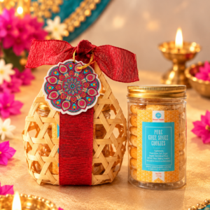 ali Delights mini Deepavali gift with Pure Ghee Sugee Cookies in a small woven bamboo basket