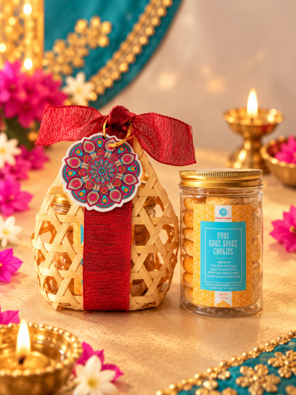 ali Delights mini Deepavali gift with Pure Ghee Sugee Cookies in a small woven bamboo basket