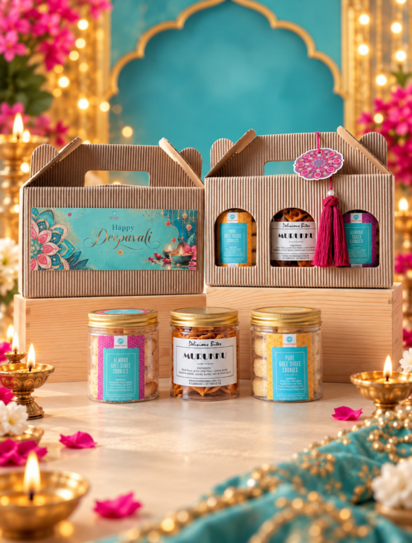 Festive Treasures Deepavali gift set catalogue featuring three 300ml cookie jars in a kraft gift box Image Title Festive Treasures – Deepavali Cookie Gift Caption Leave blank Description Sweet Palate Festive Treasures Deepavali gift set with Pure Ghee Sugee Cookies, Ribbon Murukku and Almond Sugee Cookies in a small kraft corrugated gift box.
