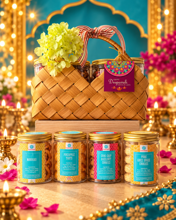 Glowing Wishes Deepavali gift hamper with four festive cookie jars in a woven basket decorated with flowers and ribbon