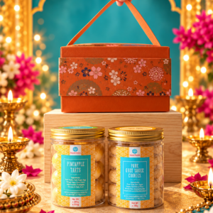 Golden Glow Deepavali cookie gift set featuring Pure Ghee Sugee Cookies and Pineapple Balls in an orange brocade gift box