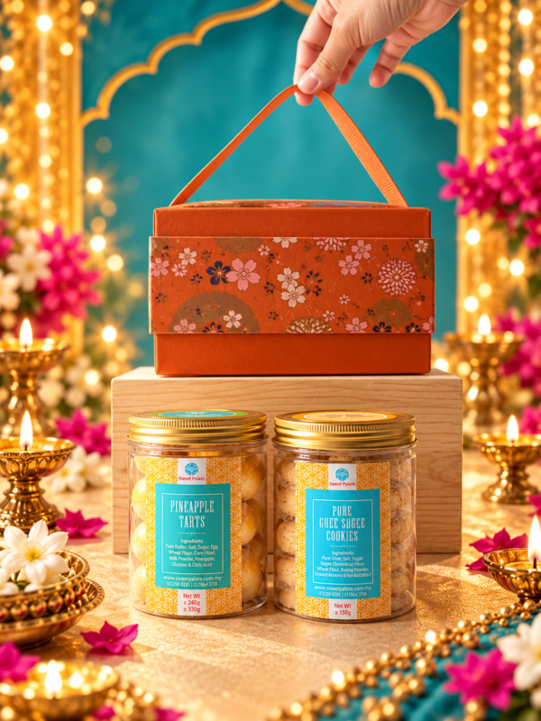 Golden Glow Deepavali cookie gift set featuring Pure Ghee Sugee Cookies and Pineapple Balls in an orange brocade gift box