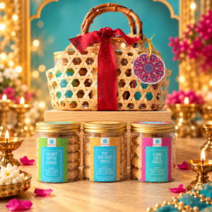 Luminous Grace Deepavali gift basket by Sweet Palate featuring three cookie jars in a woven bamboo basket