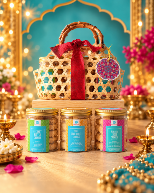 Luminous Grace Deepavali gift basket by Sweet Palate featuring three cookie jars in a woven bamboo basket