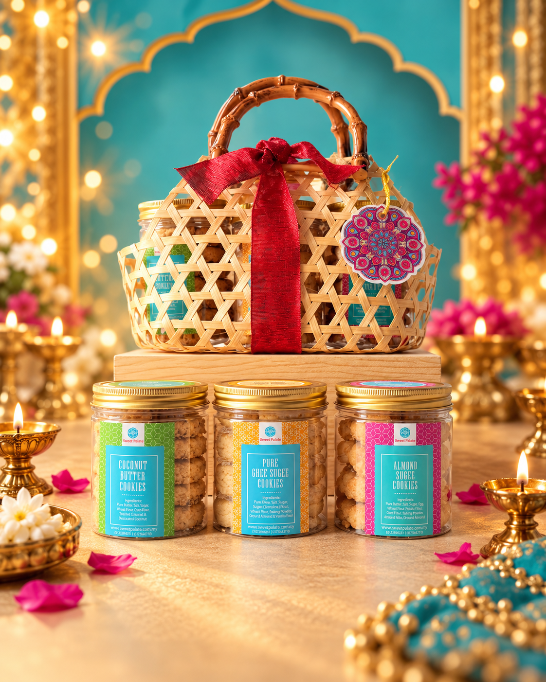 luminous-grace-deepavali-gift-basket Luminous Grace Deepavali gift basket by Sweet Palate featuring three cookie jars in a woven bamboo basket