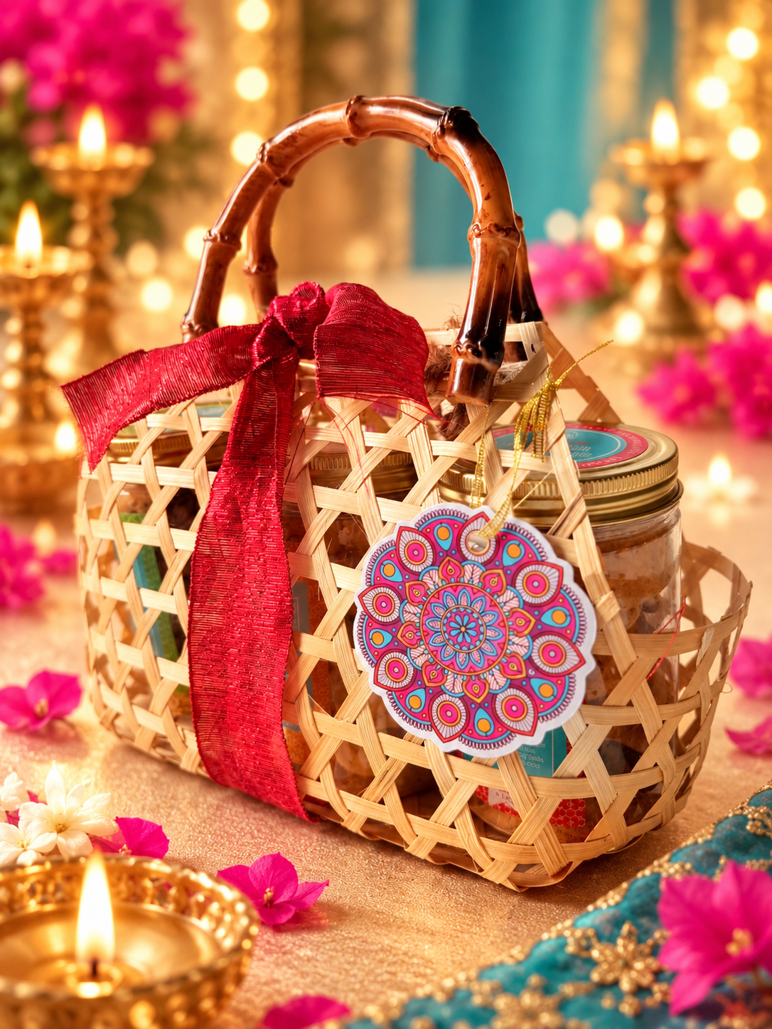 luminous-grace-woven-bamboo-basket Luminous Grace Deepavali gift basket by Sweet Palate featuring three cookie jars in a woven bamboo basket