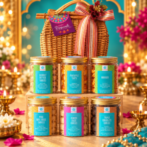 Shimmering Joy premium Deepavali gift hamper with six festive cookie jars and a rattan suitcase basket