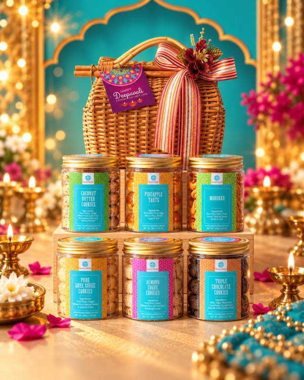 Shimmering Joy premium Deepavali gift hamper with six festive cookie jars and a rattan suitcase basket