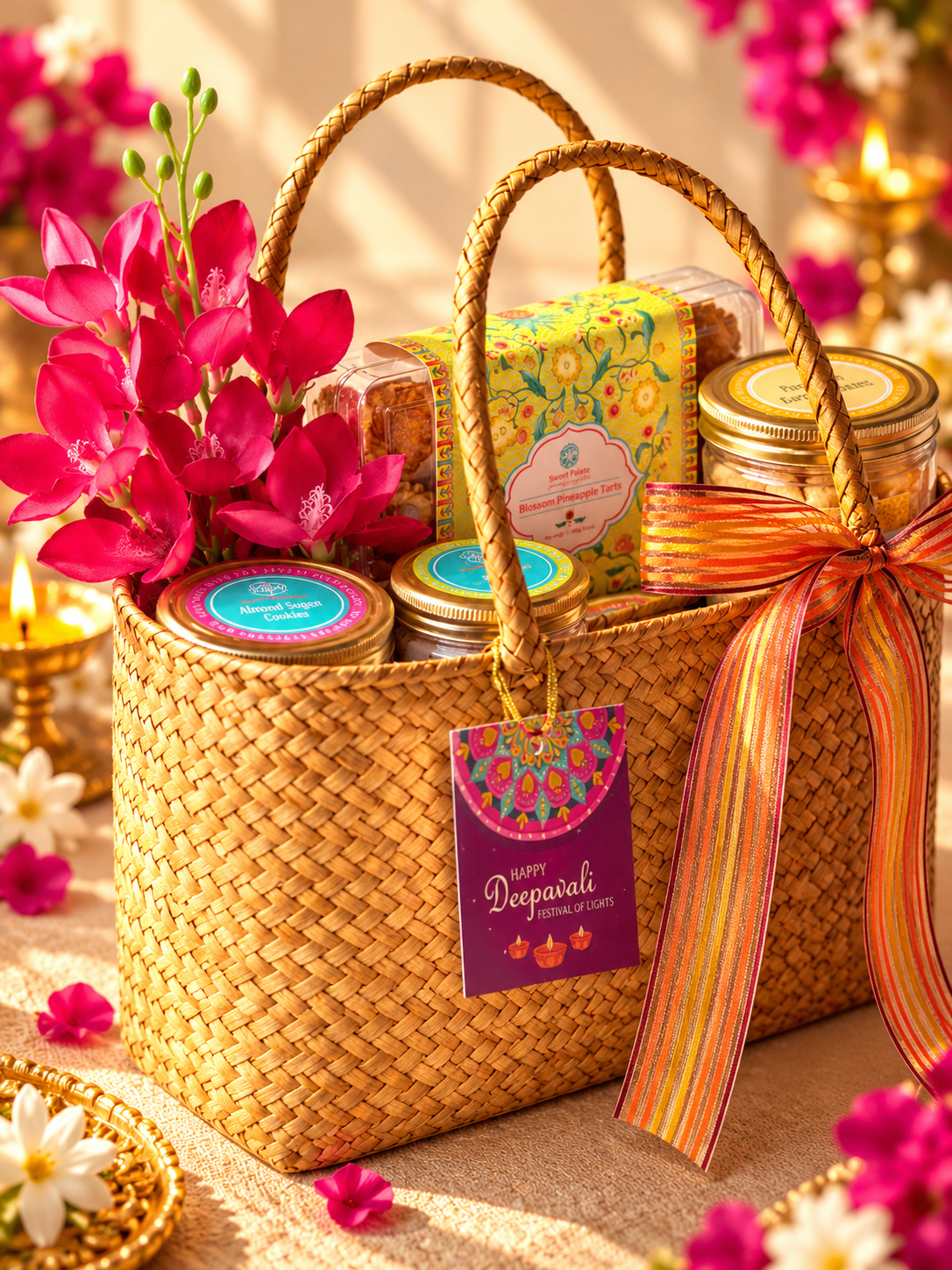 treasured-moments-deepavali-gift-basket Treasured Moments premium Deepavali gift hamper with festive cookies and pineapple tarts in a woven palm-leaf basket