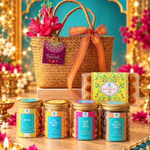 Treasured Moments premium Deepavali gift hamper with festive cookies and pineapple tarts in a woven palm-leaf basket