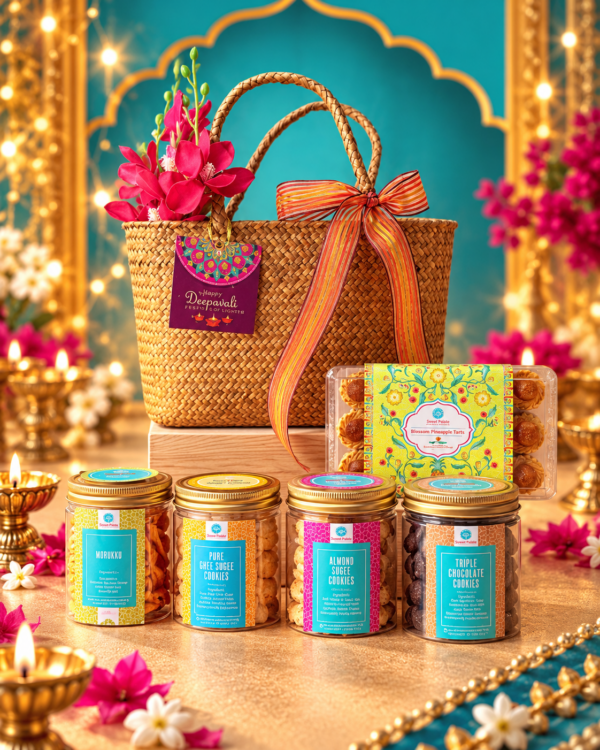Treasured Moments premium Deepavali gift hamper with festive cookies and pineapple tarts in a woven palm-leaf basket